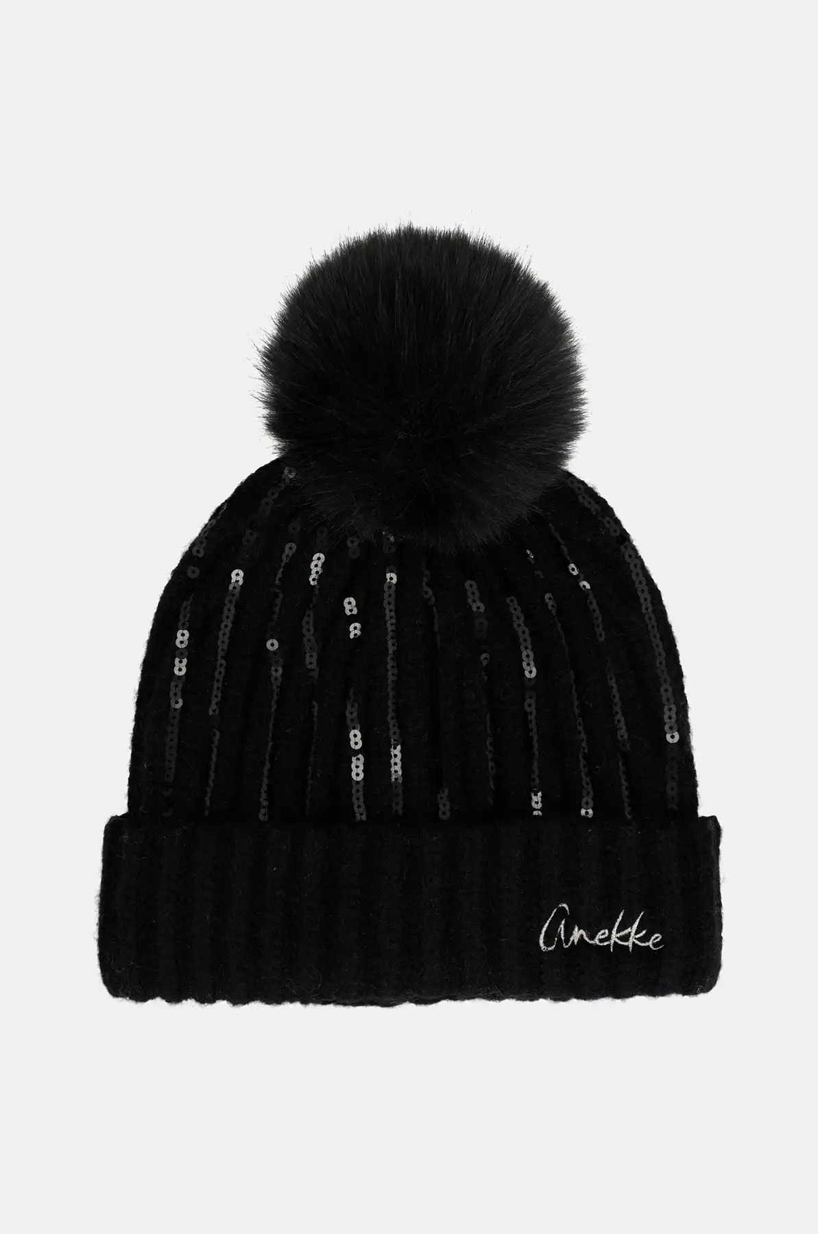 Gorro de punto negro Anekke con lentejuelas y pompón
